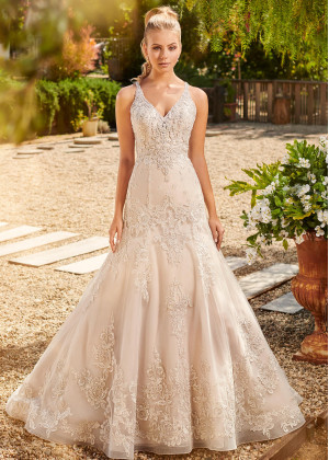 V Neck Beaded Lace Organza Illusion Buttons Back Wedding Dress